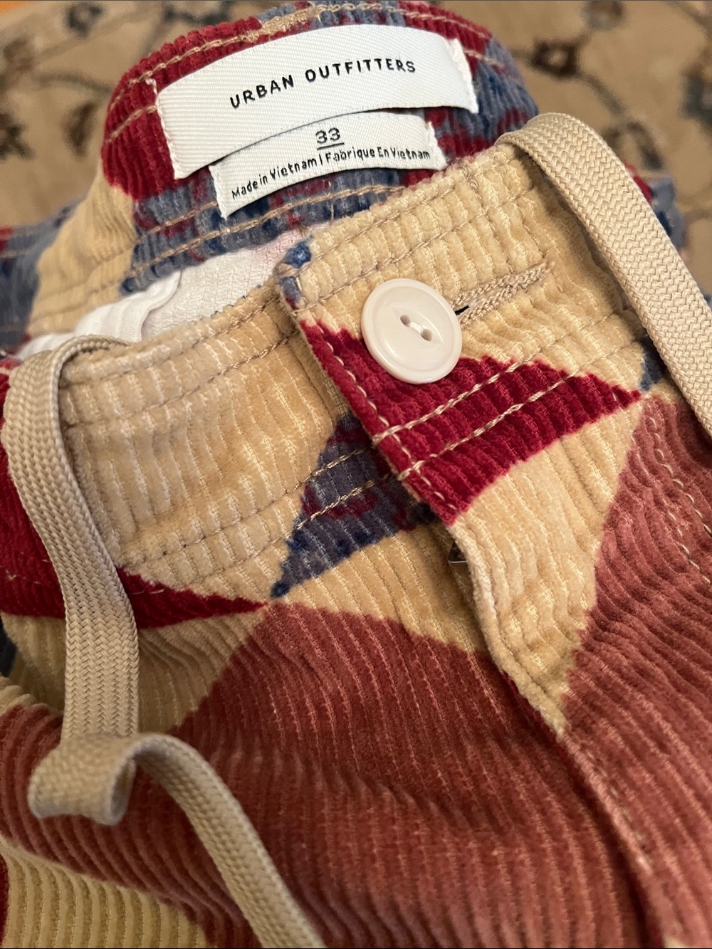 Urban Outfitters Wide Leg Corduroy Patchwork Pants in Beige, Burgundy, Navy - Picture 2 of 2